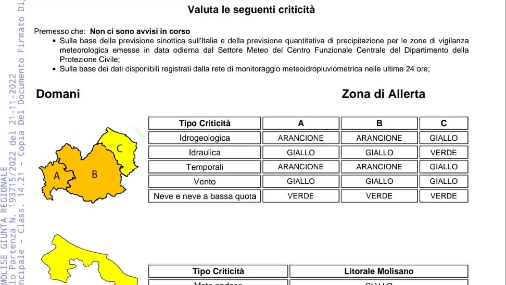 Diramato avviso di allerta meteo in Molise per la giornata di martedì 22 novembre 2022